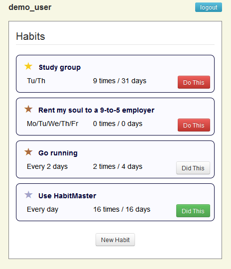 Screenshot of HabitMaster's main page at mobile size.